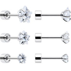 Clear Star CZ Flat Back Stud Earrings - 3 Pairs