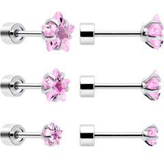 Pink Star CZ Flat Back Stud Earrings - 3 Pairs