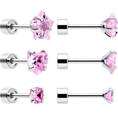 Pink Simplistic Heart Star CZ Flat Back Stud Earrings - 3 Pairs