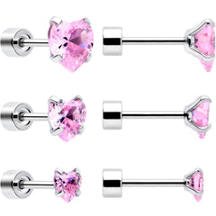 Pink Heart CZ Flat Back Stud Earrings - 3 Pairs