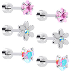 20G Pink Aurora Gem Star Heart Flower Flatback Earring Set of 6