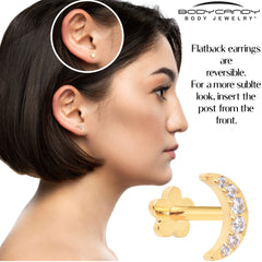 Titanium Flat Back Earring Gem Crescent Moon - 18G Threadless Reversible