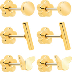20G Bar Disc Butterfly Reversible Flower Flat Back Earring Set of 6
