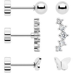 20G CZ Gem Ball Arch Butterfly Reversible Flower Flat Back Earring Set of 6