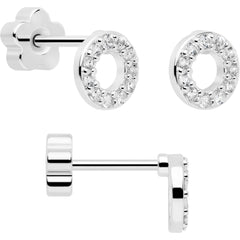 20G Clear CZ Gem Moon Circle Bar Reversible Flower Flat Back Earring Set of 6