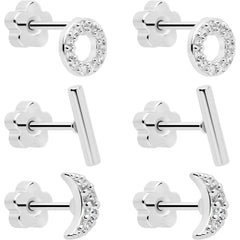 20G Clear CZ Gem Moon Circle Bar Reversible Flower Flat Back Earring Set of 6