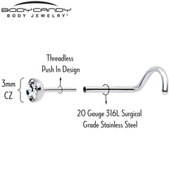 20G 3mm CZ Bezel Set Push-In Threadless Nose Screw Nose Ring