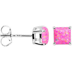 6mm Pink Square Sterling Silver Synthetic Opal Stud Earrings