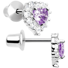 Sterling Silver Heart CZ February Birthstone Youth Screwback Earrings