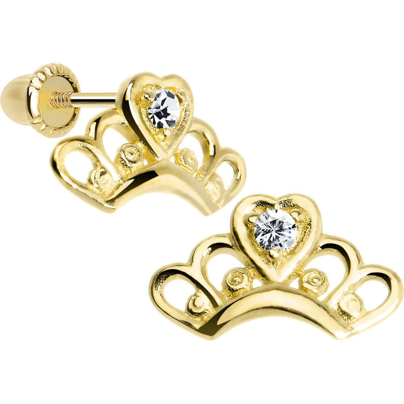 14K Yellow Gold Princess Tiara Pink CZ Youth Screwback Earrings