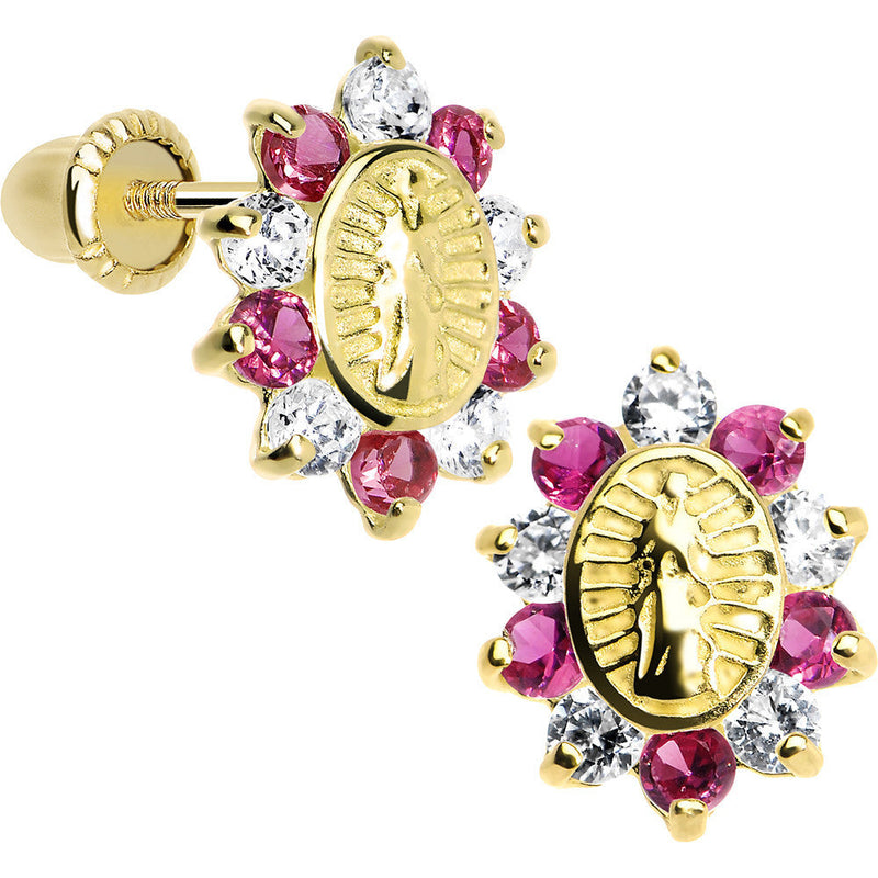 14K Yellow Gold Pink CZ Lady of Guadalupe Youth Screwback Earrings