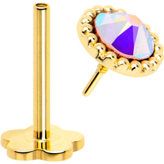 14k Yellow Gold Flat Back Earring 20G 3mm Aurora CZ Floral Reversible