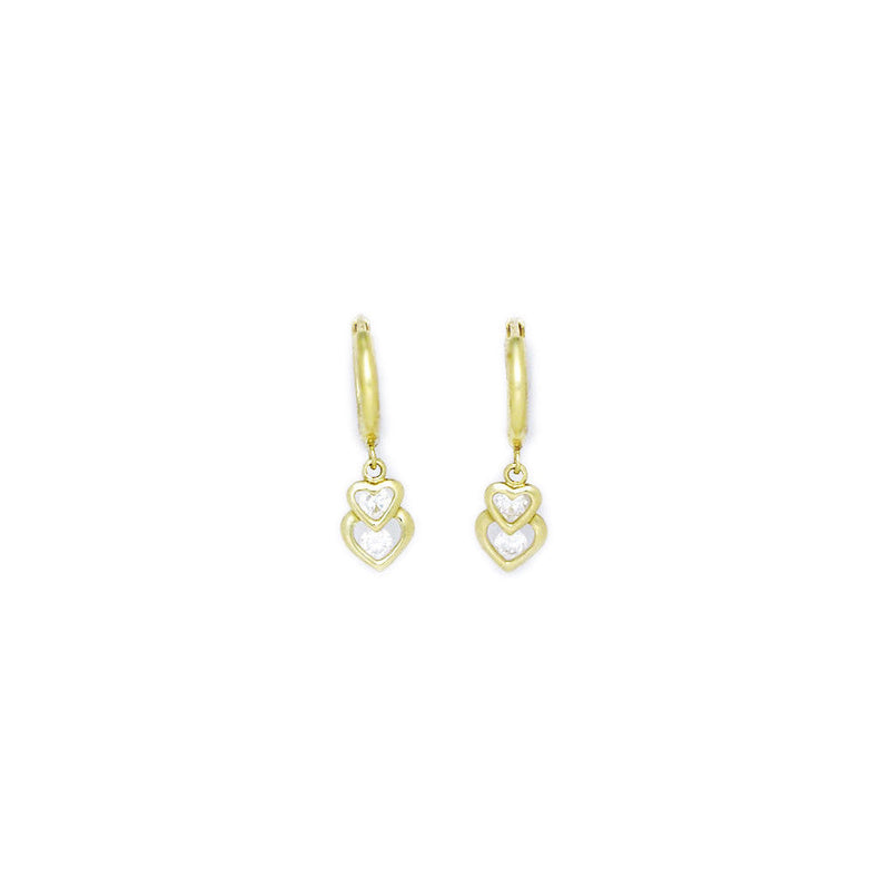14k Yellow Gold CZ Heart Duet Huggy Earrings