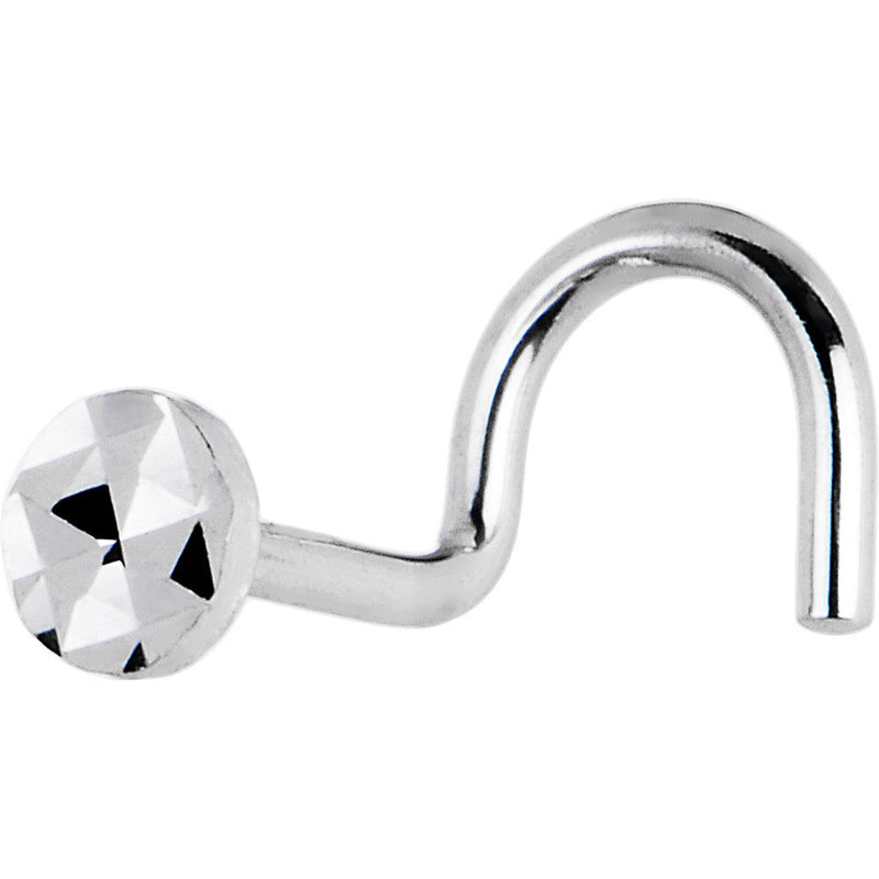 Solid 14K White Gold Textured Flat Disc Nose Screw Ring
