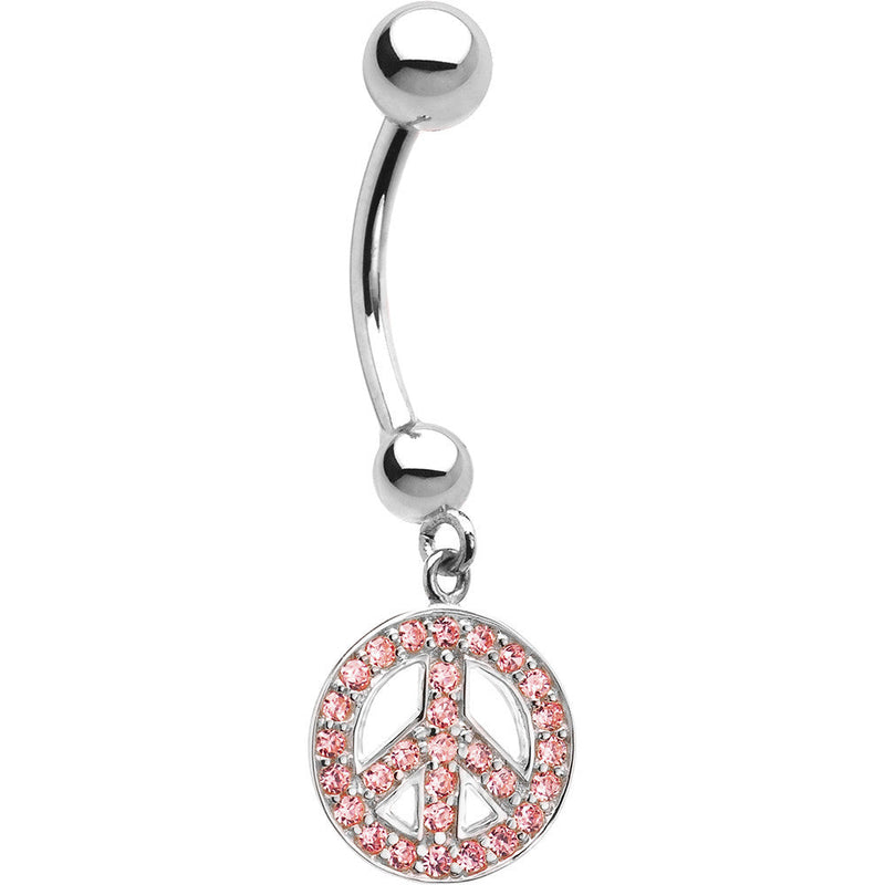 16G 14k White Gold  Pink CZ Peace Sign Belly Ring