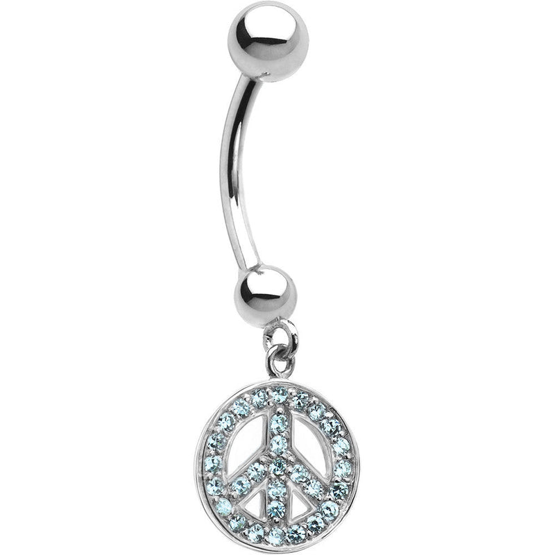 16G 14k White Gold  Aqua CZ Peace Sign Belly Ring
