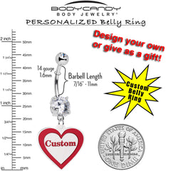 Custom Double Gem Red White Valentines Day Heart Personalized Dangle Belly Ring