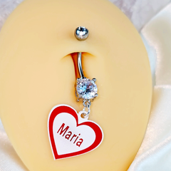 Custom Double Gem Red White Valentines Day Heart Personalized Dangle Belly Ring