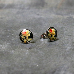 Red Rose Flower Skeleton Cameo Stud Earrings
