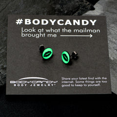 Black Anodized Steel Lipstick Kiss Mark Glow in the Dark Stud Earrings by Onyx O