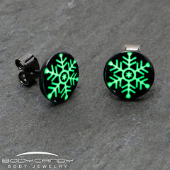 Black Anodized Glow in the Dark Holiday Snowflake Stud Earrings by Onyx O