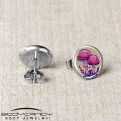 Artist Drawn Pink Mushrooms Stud Earrings by Onyx O