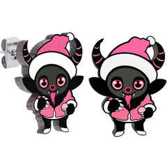 Handmade Wooden Krampus Cutie Holiday Christmas Stud Earrings by Onyx O