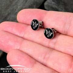 Black White Winged Cross Stud Earrings by Onyx O