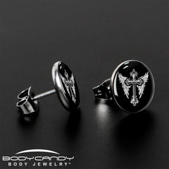 Black White Winged Cross Stud Earrings by Onyx O