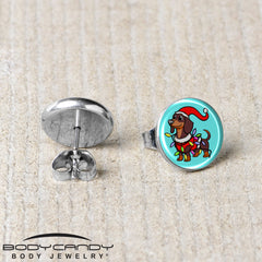 Christmas Holiday Weiner Dog Stud Earrings by Onyx O