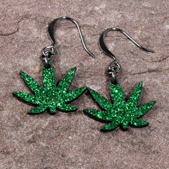 Green Glitter Marijuana Pot Leaf Dangle Earrings