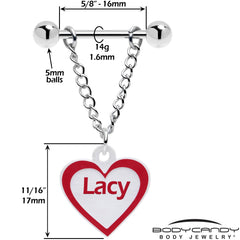 Custom Red White Heart Chain Personalized Name Dangle Nipple Ring Set
