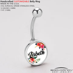 Custom Floral Personalized Name Belly Ring