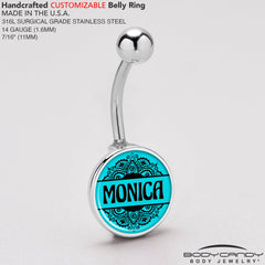 Custom Teal Mandala Personalized Name Belly Ring