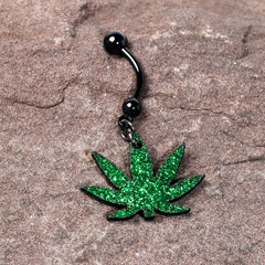 Green Glitter Marijuana Pot Leaf Black Dangle Belly Ring