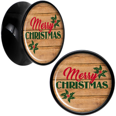 Rustic Wood Merry Christmas Black Acrylic Saddle Plug Set Sizes 8mm to 20mm