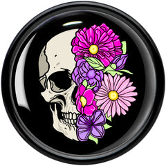 Floral Flowers Skull Black Acrylic Saddle Plug Set 8mm to 20mm by Onyx O