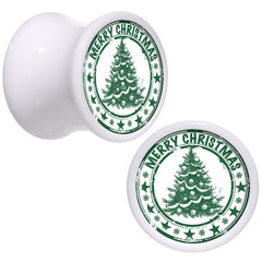 Merry Christmas Tree White Acrylic Saddle Plug Set Sizes 5mm to 20mm