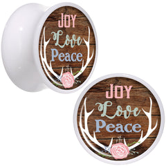 Rustic Joy Love Peace Antlers White Acrylic Saddle Plug Set Sizes 5mm to 20mm