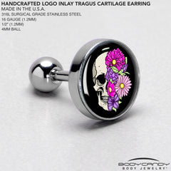 16G 1/4 Floral Flowers Skull Cartilage Tragus Earring by Onyx O