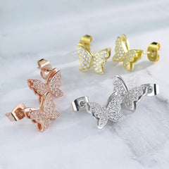 925 Silver CZ Paved Layered Butterfly Stud Earrings