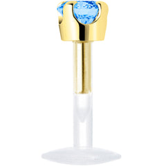16G 1/4 Solid 14K Yellow Gold 3mm Plexi Blue Cubic Zirconia Bioplast Tragus Earring Stud