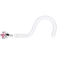 18G 1/4 White Gold 1.5mm Pink Cubic Zirconia Bioplast Nose Ring