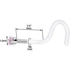 18G 1/4 White Gold 1.5mm Pink Cubic Zirconia Bioplast Nose Ring