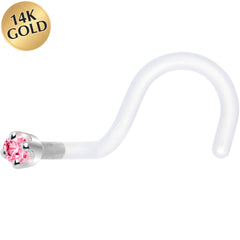 18G 1/4 White Gold 1.5mm Pink Cubic Zirconia Bioplast Nose Ring