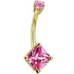 14k Yellow Gold Pink Cubic Zirconia Princess Belly Ring