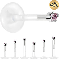 Solid 14K White Gold June 1.5mm CZ Bioplast Push in Labret Monroe