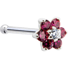 Solid 14K White Gold Red and Clear Cubic Zirconia Flower Nose Ring
