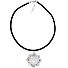 Handcrafted White Faux Opal Lotus Flower Love Velveteen Cord Necklace 16
