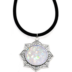 Handcrafted White Faux Opal Lotus Flower Love Velveteen Cord Necklace 16